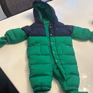 Ralph Lauren Green and Navy Quilted Hooded Infant Snowsuit